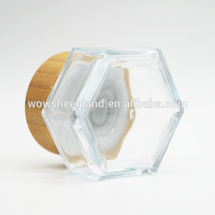 Hot Sell Crystal Hexagon Shape Cream Jar Glass With Bamboo Lids