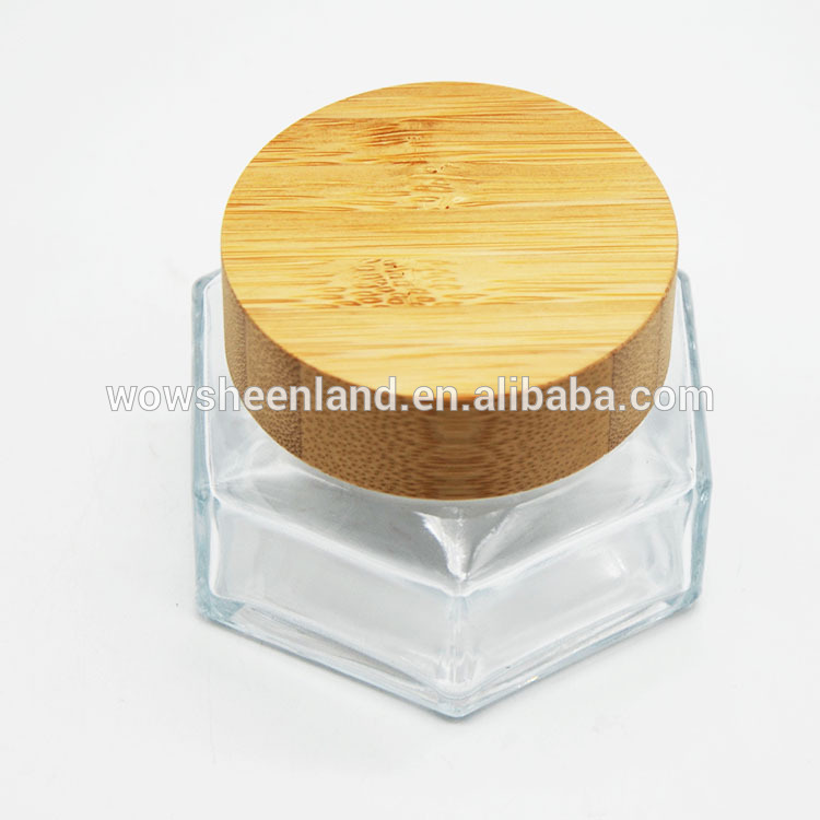 Hot Sell Crystal Hexagon Shape Cream Jar Glass With Bamboo Lids