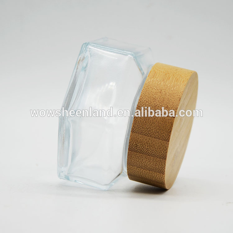Hot Sell Crystal Hexagon Shape Cream Jar Glass With Bamboo Lids