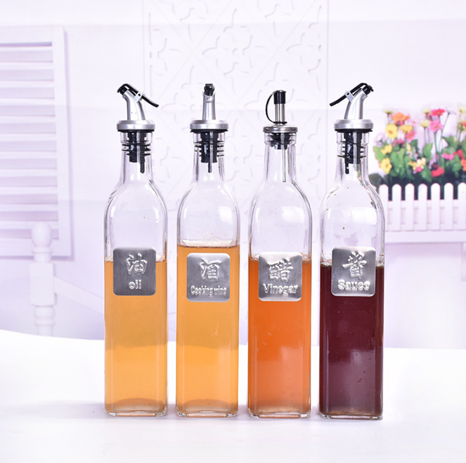 Hot Sell square shape empty 500ml glass vinegar cruet olive oil bottle with dispenser for kitchen