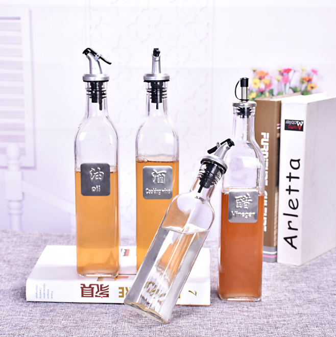 Hot Sell square shape empty 500ml glass vinegar cruet olive oil bottle with dispenser for kitchen