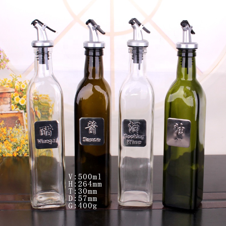 Hot Sell square shape empty 500ml glass vinegar cruet olive oil bottle with dispenser for kitchen