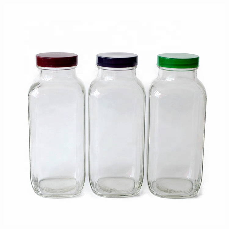 Hot Selling 16 oz 500ml Clear Transpresent French Square Shape Screw Top Cold Pressed Juice Milk  Glass Bottle with Plastic Caps