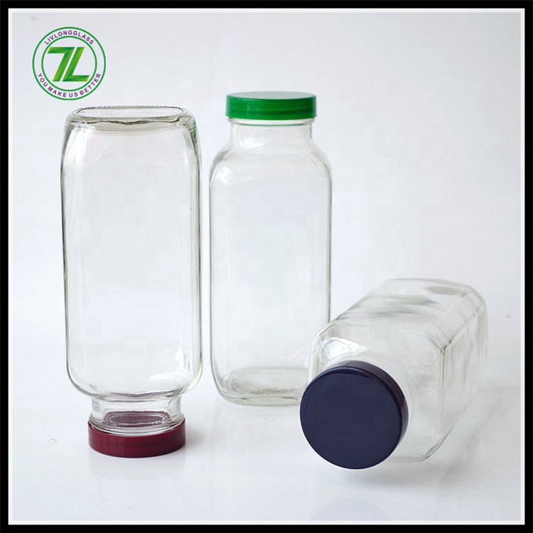 Hot Selling 16 oz 500ml Clear Transpresent French Square Shape Screw Top Cold Pressed Juice Milk Glass Bottle with Plastic Caps