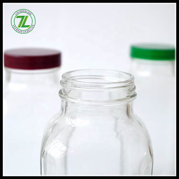Hot Selling 16 oz 500ml Clear Transpresent French Square Shape Screw Top Cold Pressed Juice Milk Glass Bottle with Plastic Caps