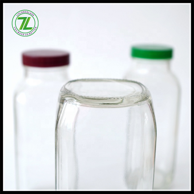 Hot Selling 16 oz 500ml Clear Transpresent French Square Shape Screw Top Cold Pressed Juice Milk Glass Bottle with Plastic Caps