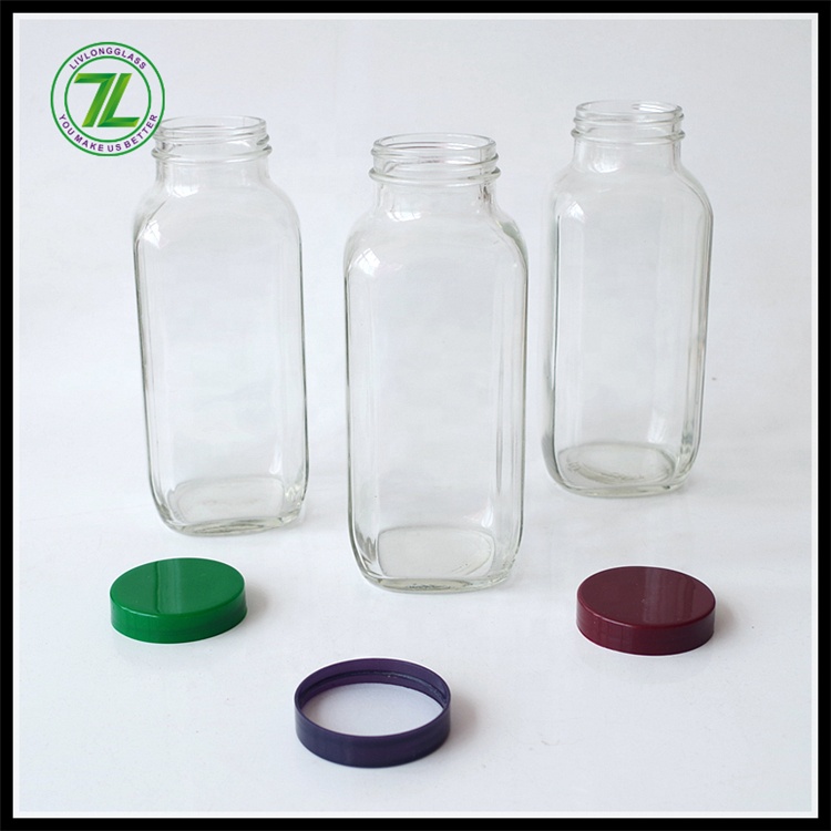 Hot Selling 16 oz 500ml Clear Transpresent French Square Shape Screw Top Cold Pressed Juice Milk Glass Bottle with Plastic Caps