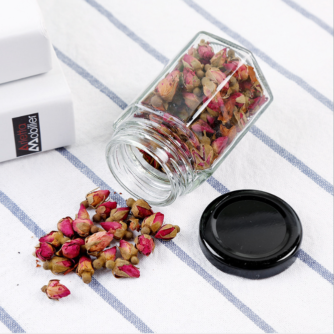 Hot Selling 8oz Jam Pickle Scented Tea Food Grade Container 9oz Black Lids Storage Hexagonal Honey Jar