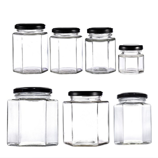 Hot Selling 8oz Jam Pickle Scented Tea Food Grade Container 9oz Black Lids Storage Hexagonal Honey Jar