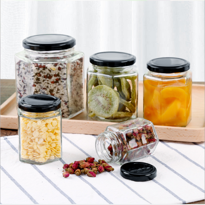 Hot Selling 8oz Jam Pickle Scented Tea Food Grade Container 9oz Black Lids Storage Hexagonal Honey Jar
