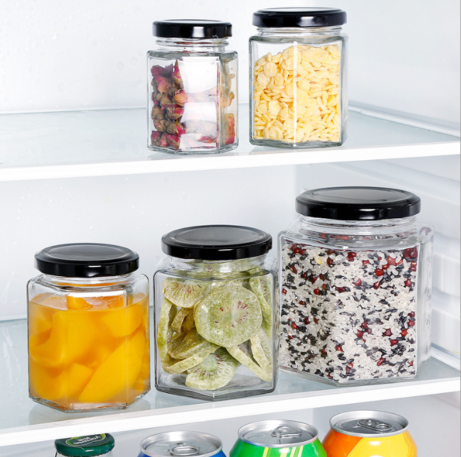 Hot Selling 8oz Jam Pickle Scented Tea Food Grade Container 9oz Black Lids Storage Hexagonal Honey Jar