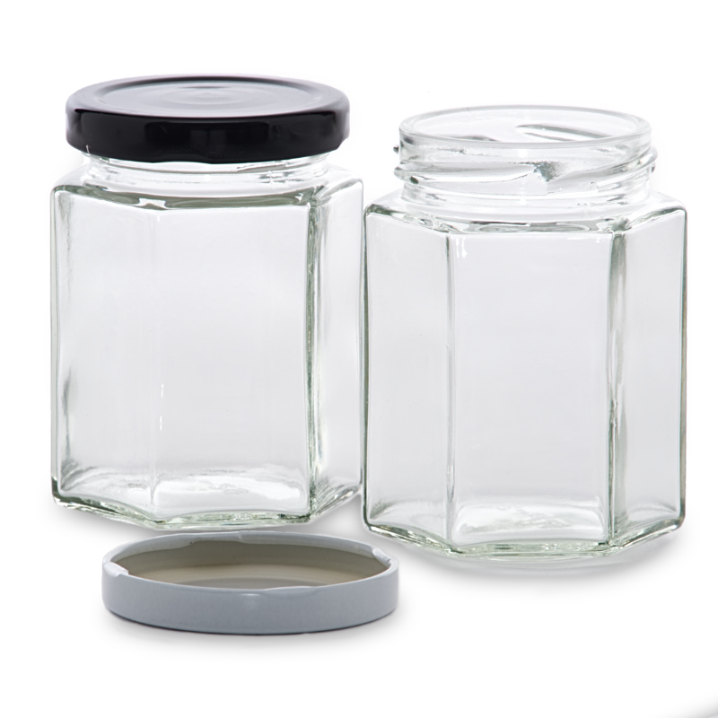 Hot Selling 8oz Jam Pickle Scented Tea Food Grade Container 9oz Black Lids Storage Hexagonal Honey Jar