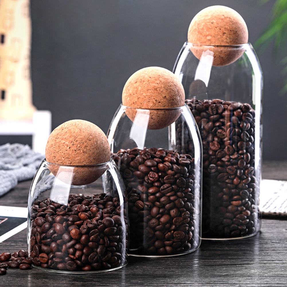 Hot Selling Handmade Borosilicate Glass Canister Food Storage Jars with Wood Lid Cork Ball Stopper