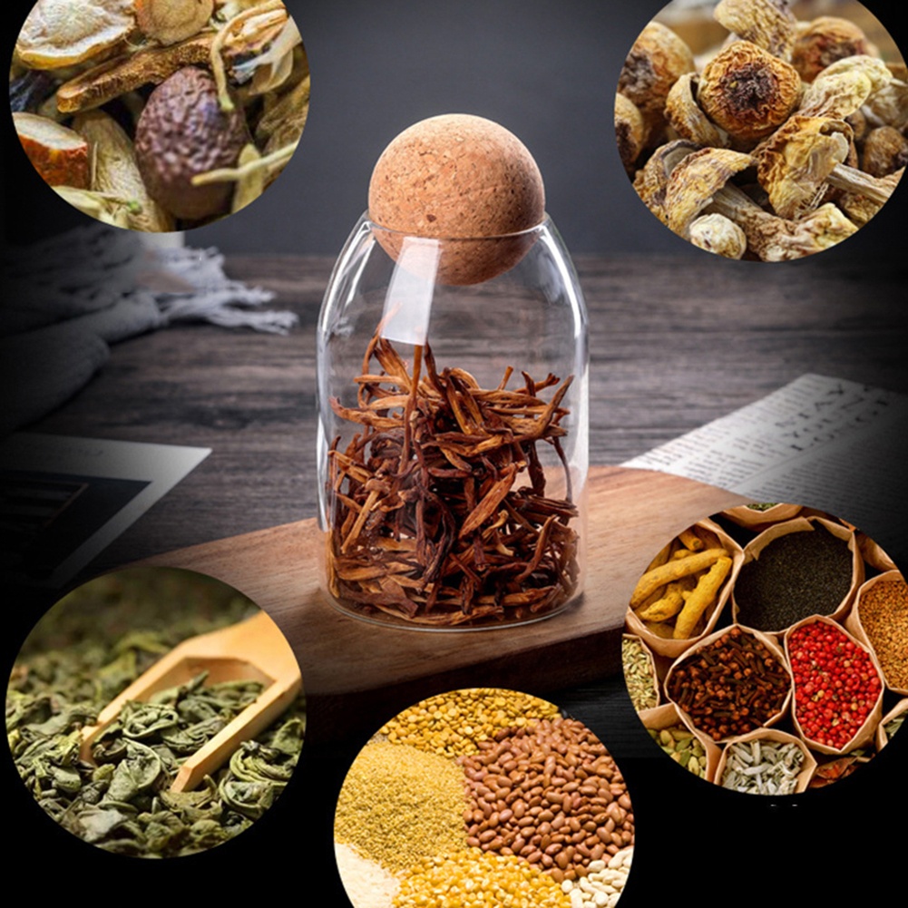 Hot Selling Handmade Borosilicate Glass Canister Food Storage Jars with Wood Lid Cork Ball Stopper