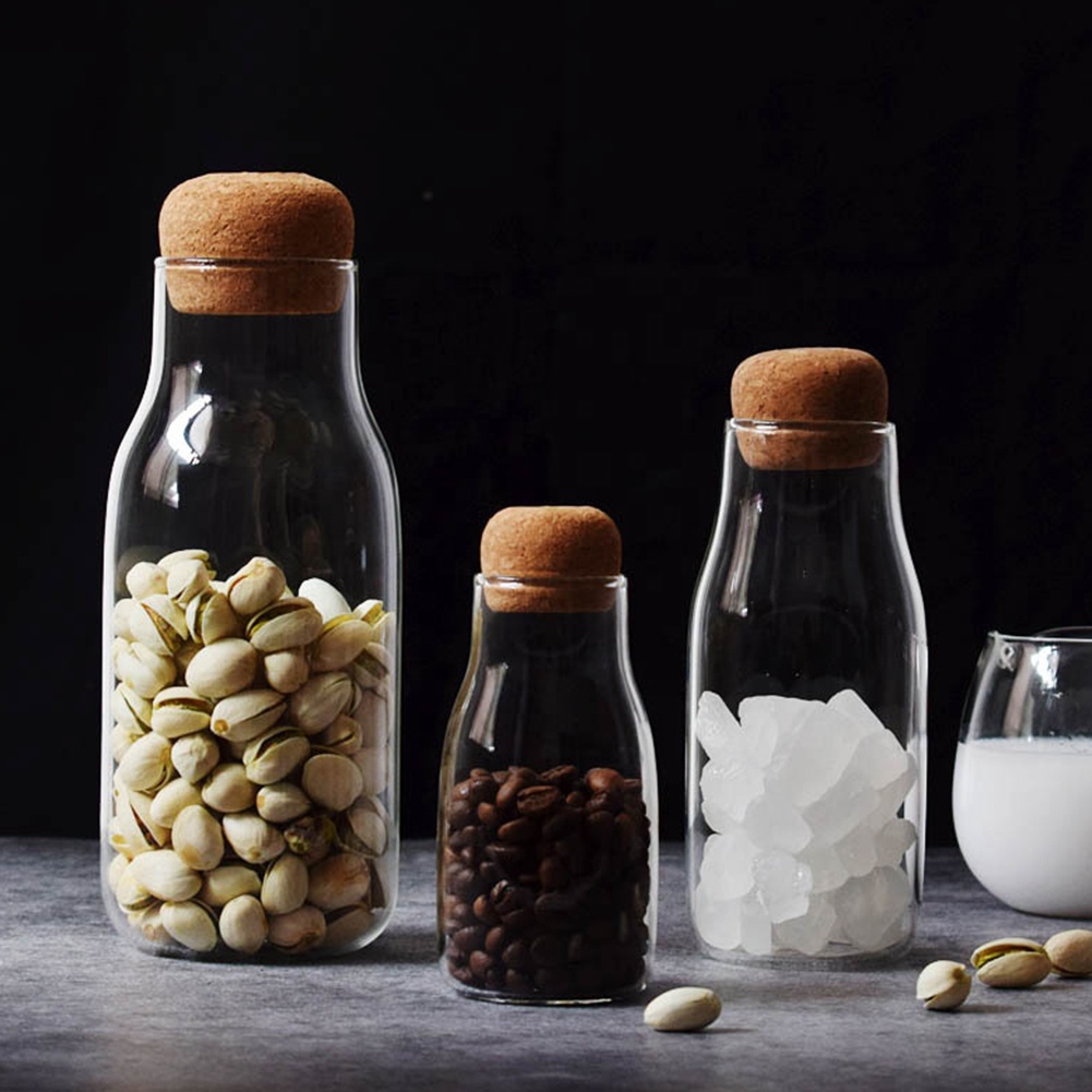 Hot Selling Handmade Borosilicate Glass Canister Food Storage Jars with Wood Lid Cork Ball Stopper