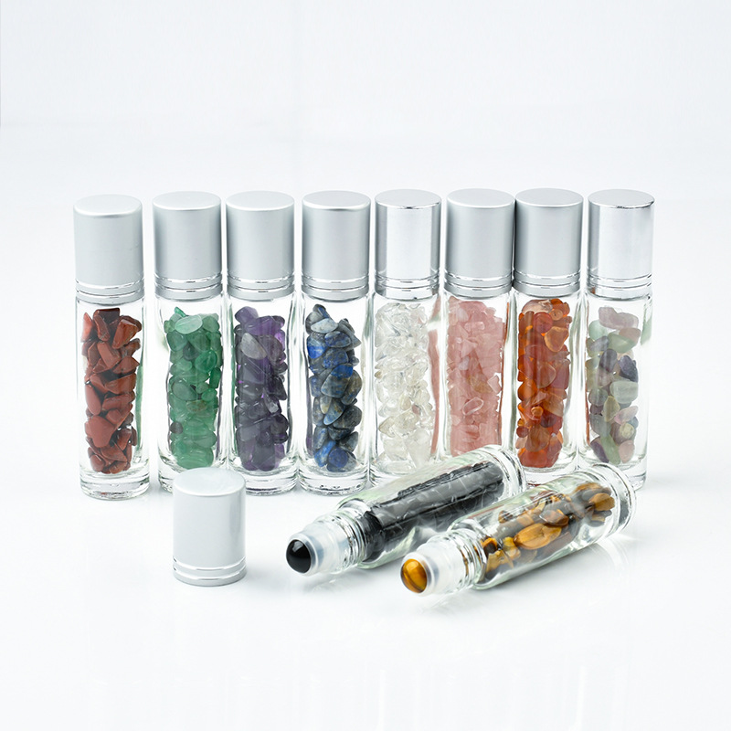 Hot Selling Items Clear Glass Assorted Natural Crystal Gemstone Roller Bottles For Essential Oil