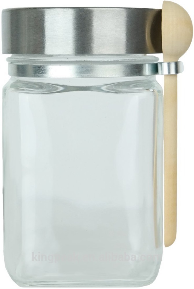 Hot Selling Reusable Chefs Glass Spice Salt Jar with Wooden Spoon Sugar Canister with Spoon and lid 8 oz Glass Jar with Spoon