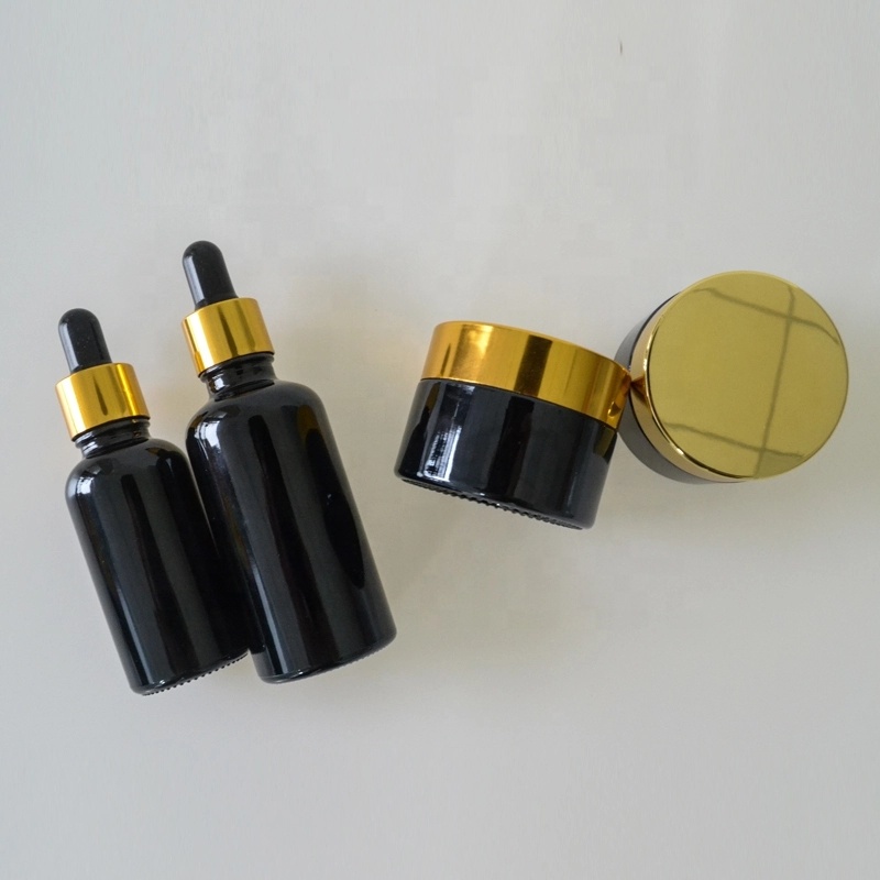 Hot new product in the market cosmetic container 20g 30g 50g black glass jar with gold cap