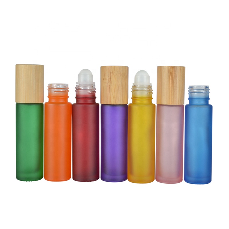 Hot sale 10ml frosted matte pink purple black green colors roll on glass bottle with bamboo cap