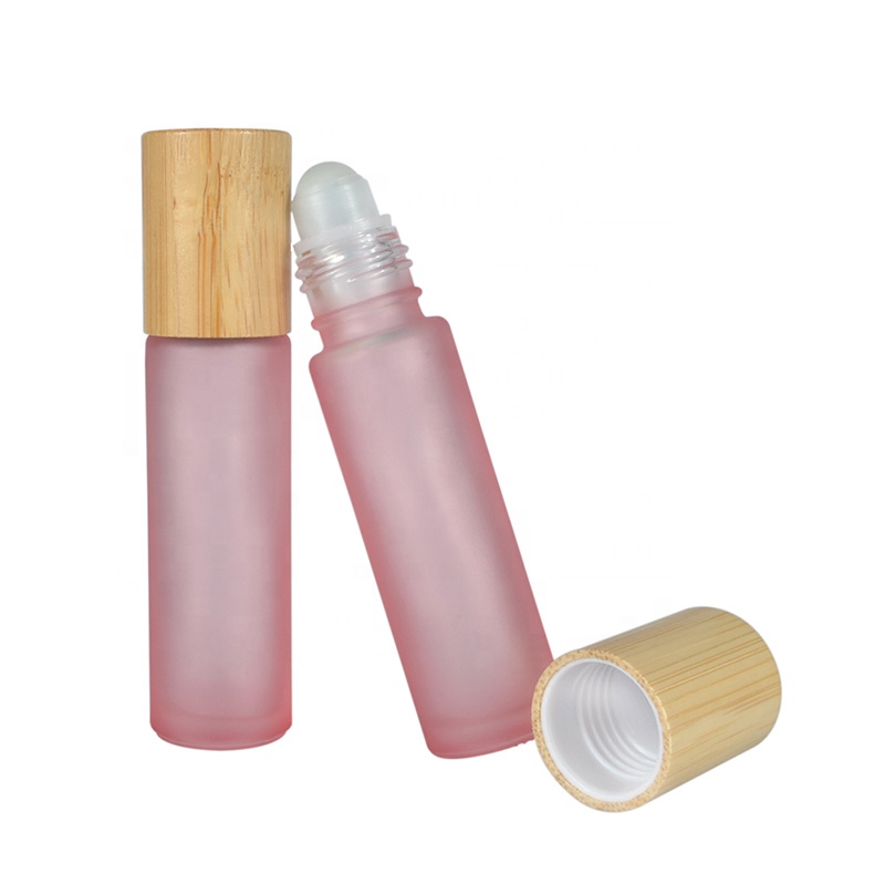 Hot sale 10ml frosted matte pink purple black green colors roll on glass bottle with bamboo cap