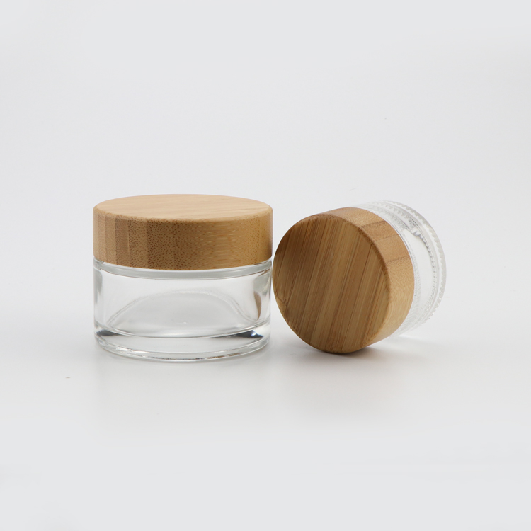 Hot sale 15 30 50 ml empty transparent packaging containers frosted cream jar for face care with cr bamboo caps