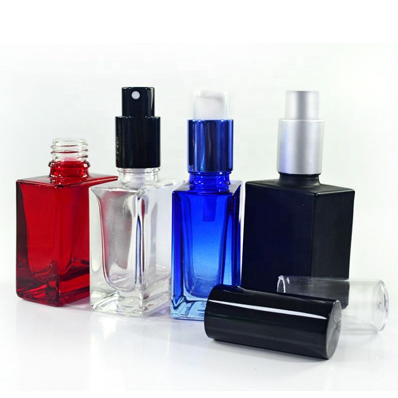 Hot sale 15ml 30ml 50ml 100ml matte black white blue red rectangle glass perfume spray bottle with pump cap