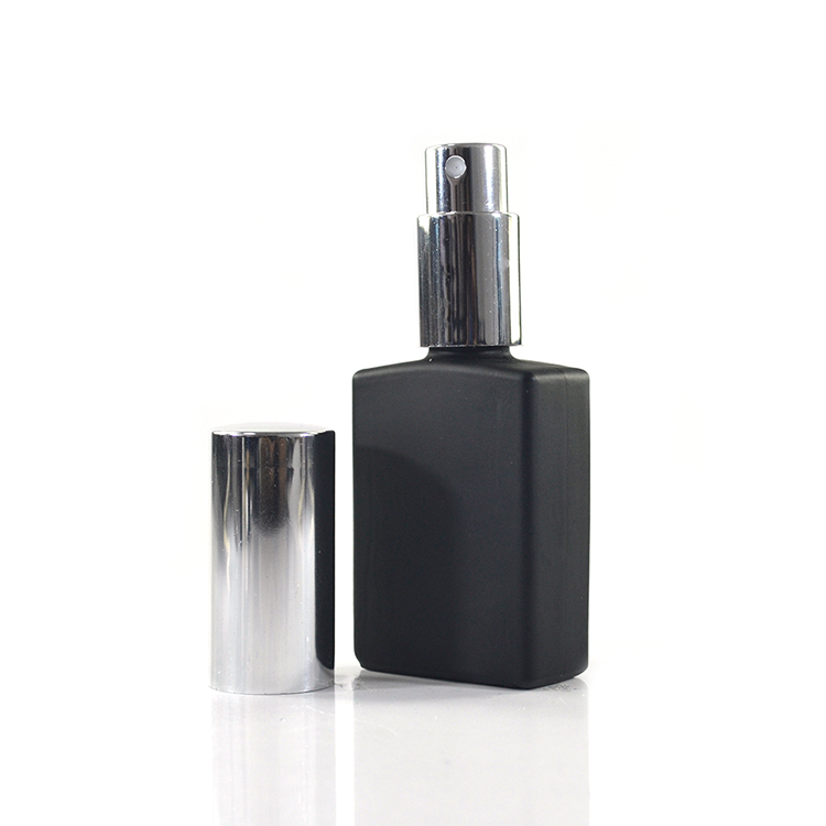 Hot sale 15ml 30ml 50ml 100ml refillable frosted clear black rectangular perfume glass spray bottle with aluminum spray pump cap