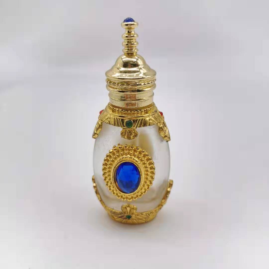 Hot sale 15ml Unique Arabic Style Metal Essential Oil Attar Perfume Glass Bottles with Glass Stick