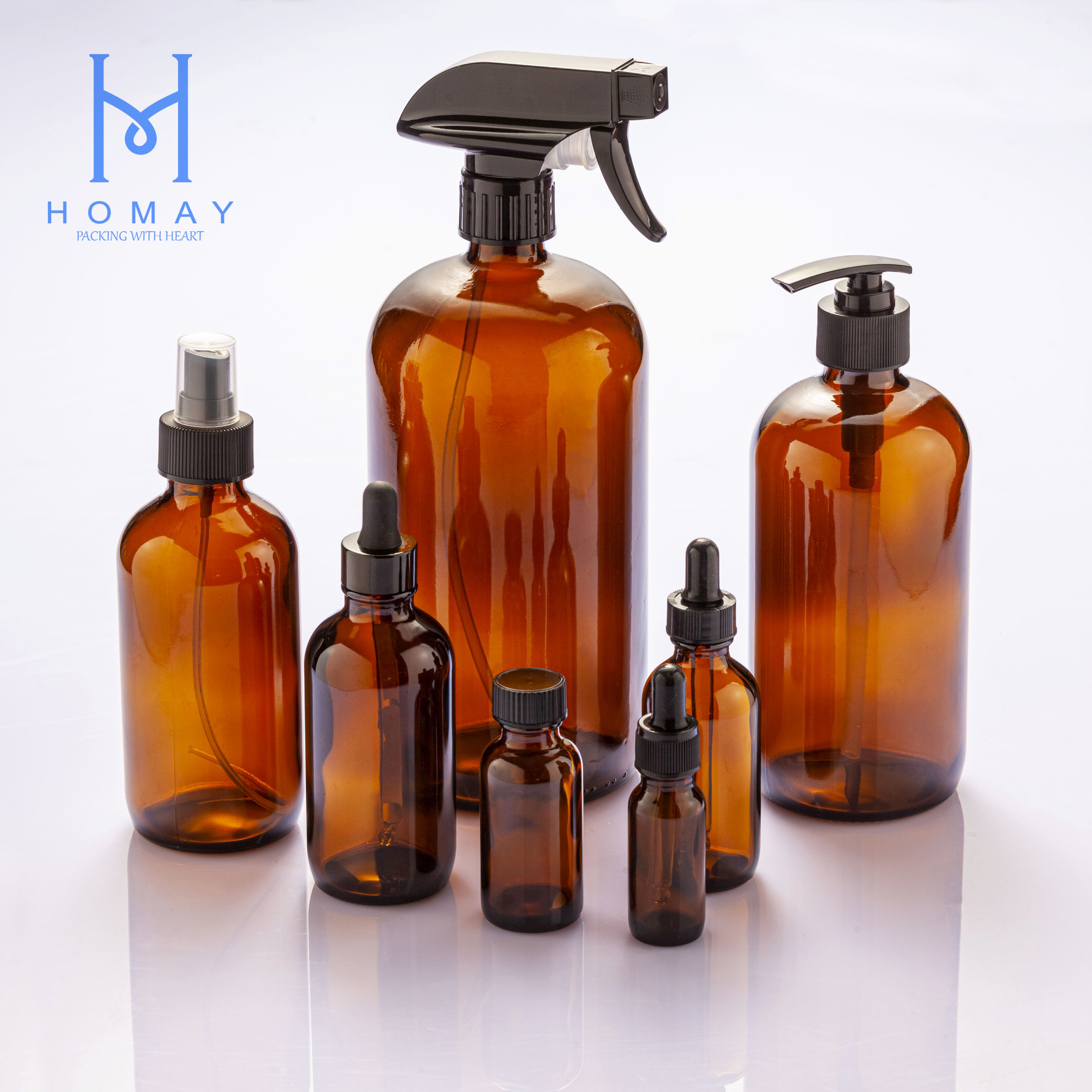 Hot sale 1L 32oz amber glass Boston round glass bottles with spray pump