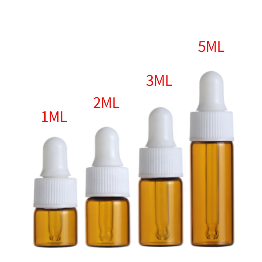 Hot sale 1ml 2ml 3ml 5ml amber small essential oil glass dropper bottle with white dropper cap