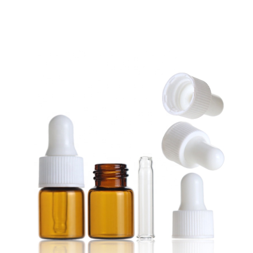 Hot sale 1ml 2ml 3ml 5ml amber small essential oil glass dropper bottle with white dropper cap