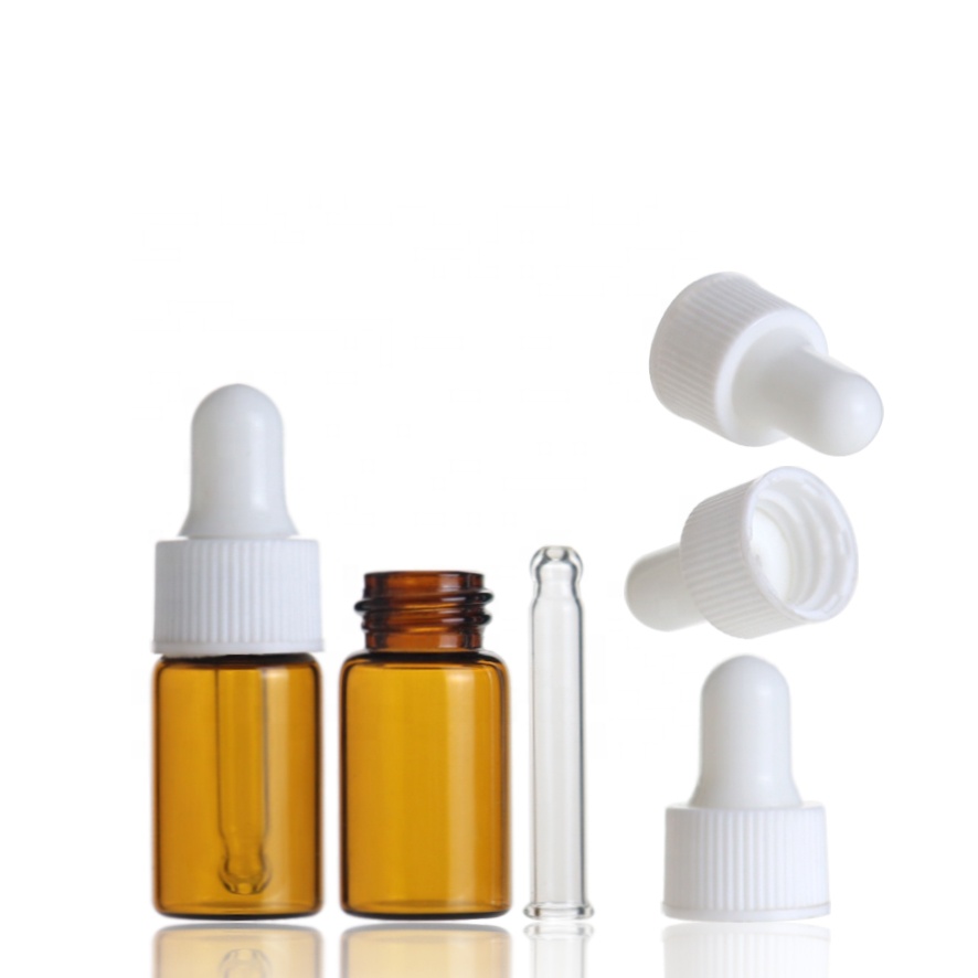 Hot sale 1ml 2ml 3ml 5ml amber small essential oil glass dropper bottle with white dropper cap