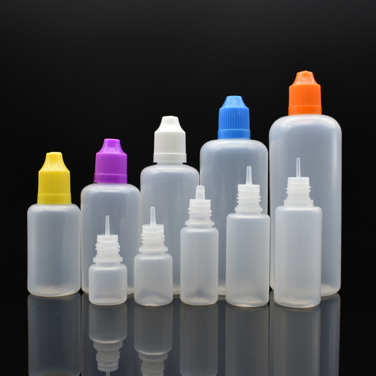Hot sale 2.5ml 3ml 5ml 8ml 10ml 15ml 18ml 20ml 30ml 50ml 60ml 100lml 120ml e juice e liquid PE dropper bottle