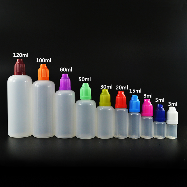 Hot sale 2.5ml 3ml 5ml 8ml 10ml 15ml 18ml 20ml 30ml 50ml 60ml 100lml 120ml e juice e liquid PE dropper bottle