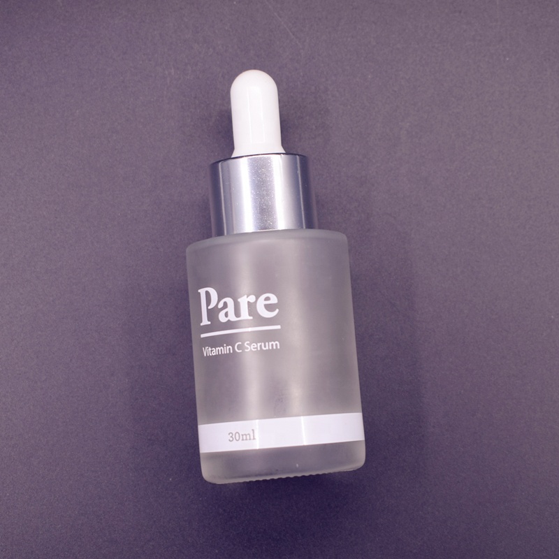 Hot sale 20/415 Flat shoulder Round Frosted Serum Glass bottle dropper 30ml 1oz with silver top for cosmetic packaging