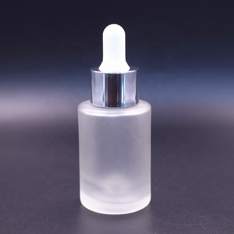 Hot sale 20/415 Flat shoulder Round Frosted Serum Glass bottle dropper 30ml 1oz with silver top for cosmetic packaging