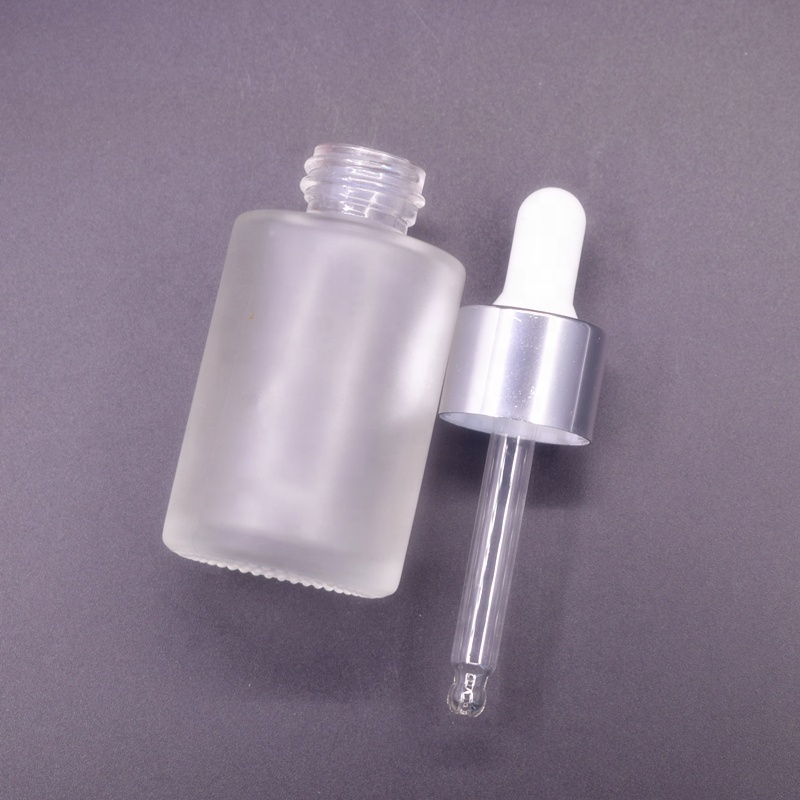 Hot sale 20/415 Flat shoulder Round Frosted Serum Glass bottle dropper 30ml 1oz with silver top for cosmetic packaging