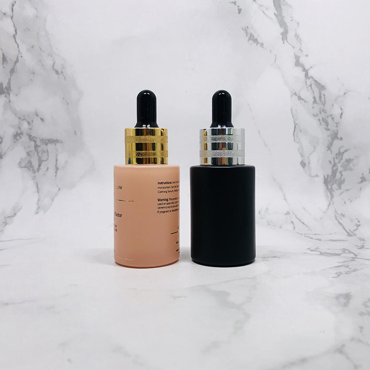 Hot sale 20/415 Flat shoulder Round Frosted Serum Glass bottle dropper 30ml 1oz with silver top for cosmetic packaging
