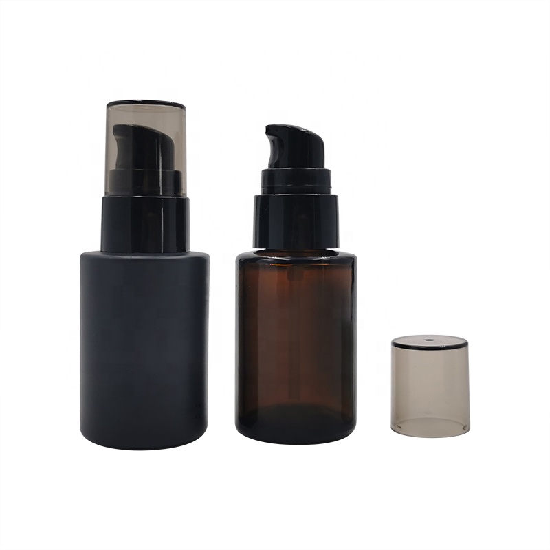 Hot sale 20ml 30ml 40ml 50ml round black matte amber glass plant essential oil bottle with black pump