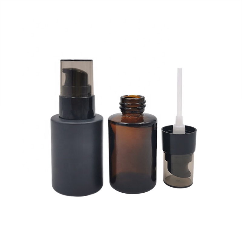 Hot sale 20ml 30ml 40ml 50ml round black matte amber glass plant essential oil bottle with black pump