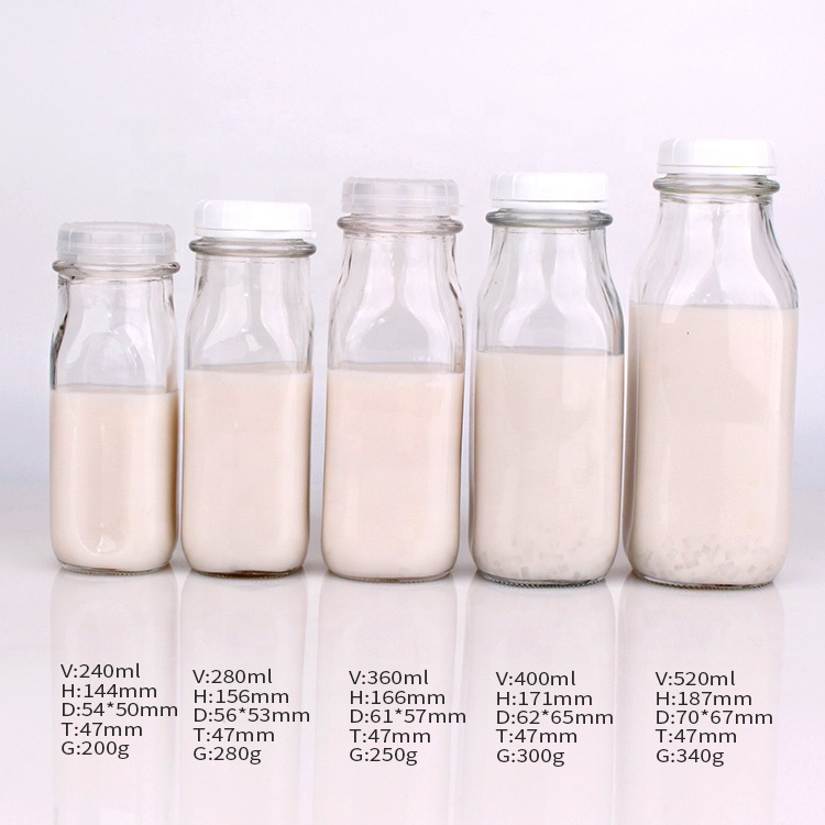 Hot sale 240ml 350ml 400ml 500ml square milk glass bottle with plastic lid