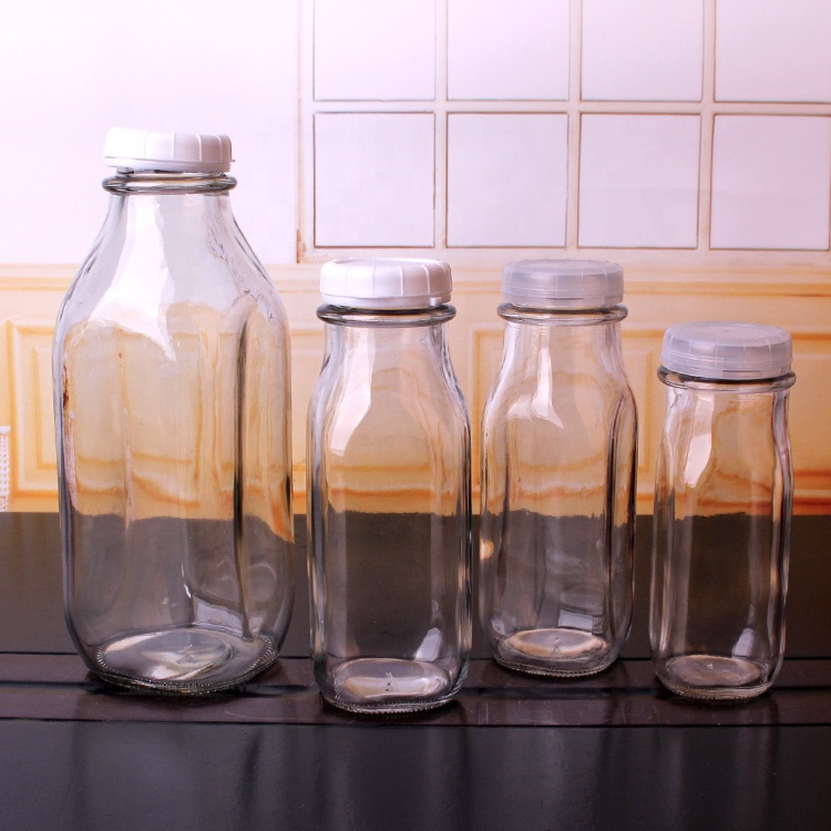 Hot sale 240ml 350ml 400ml 500ml square milk glass bottle with plastic lid