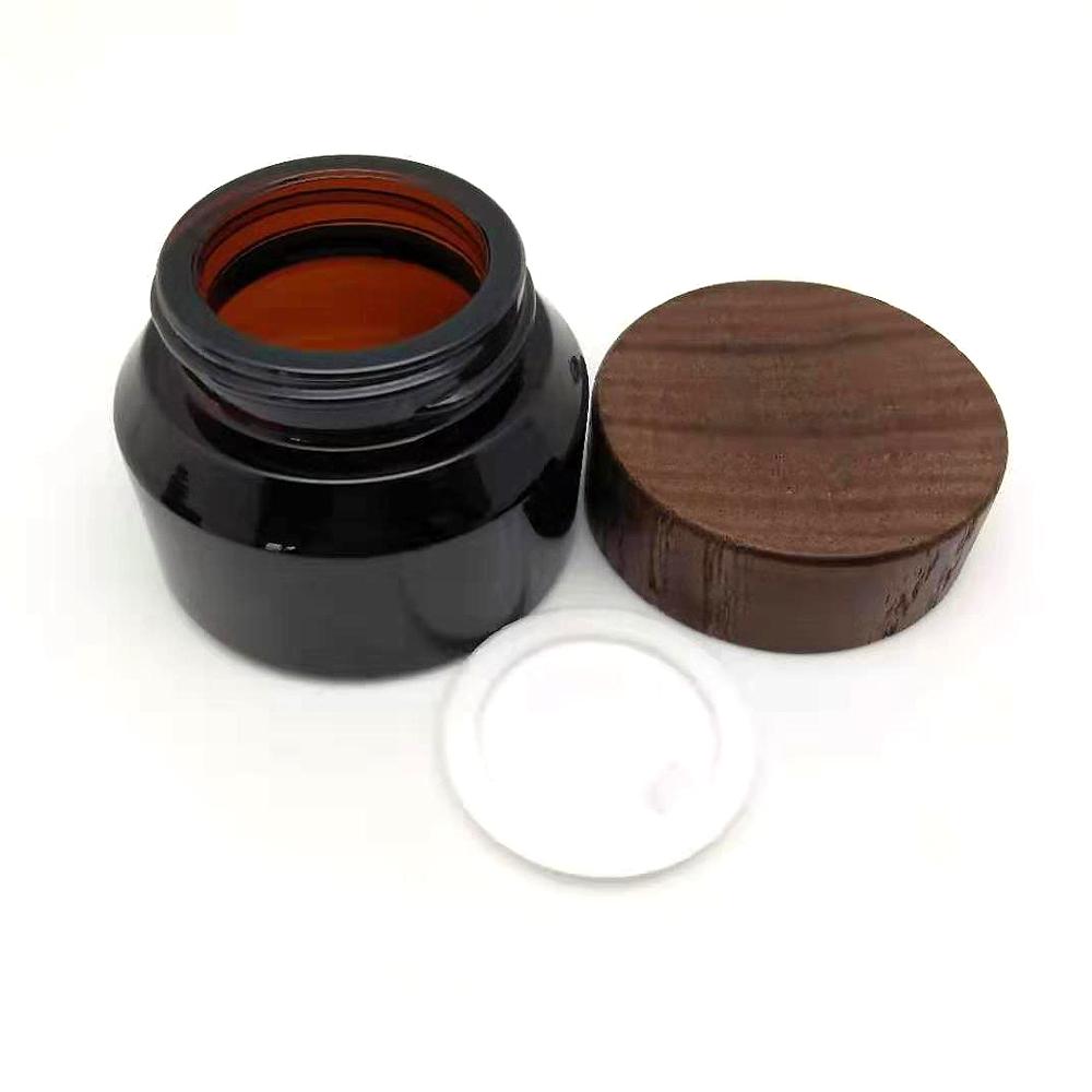 Hot sale 30g 50g sloping shoulder amber glass jar with wooden lid