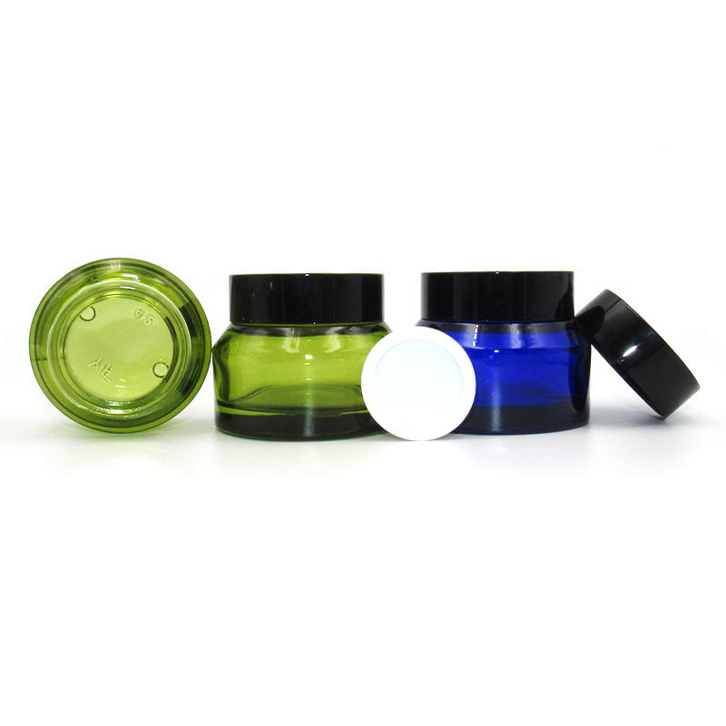 Hot sale 30g brown green blue oblique shoulder cosmetic face cream glass jars with black plastic lid