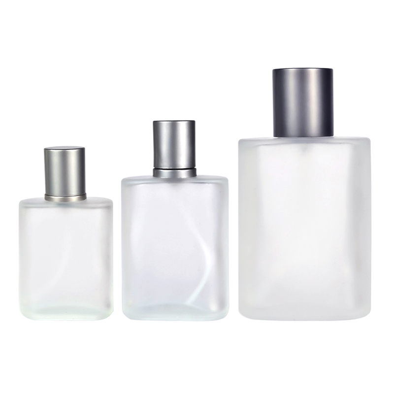 Hot sale 30ml 50ml 100ml square shape frosted glass perfume bottle with silver grey spray pump
