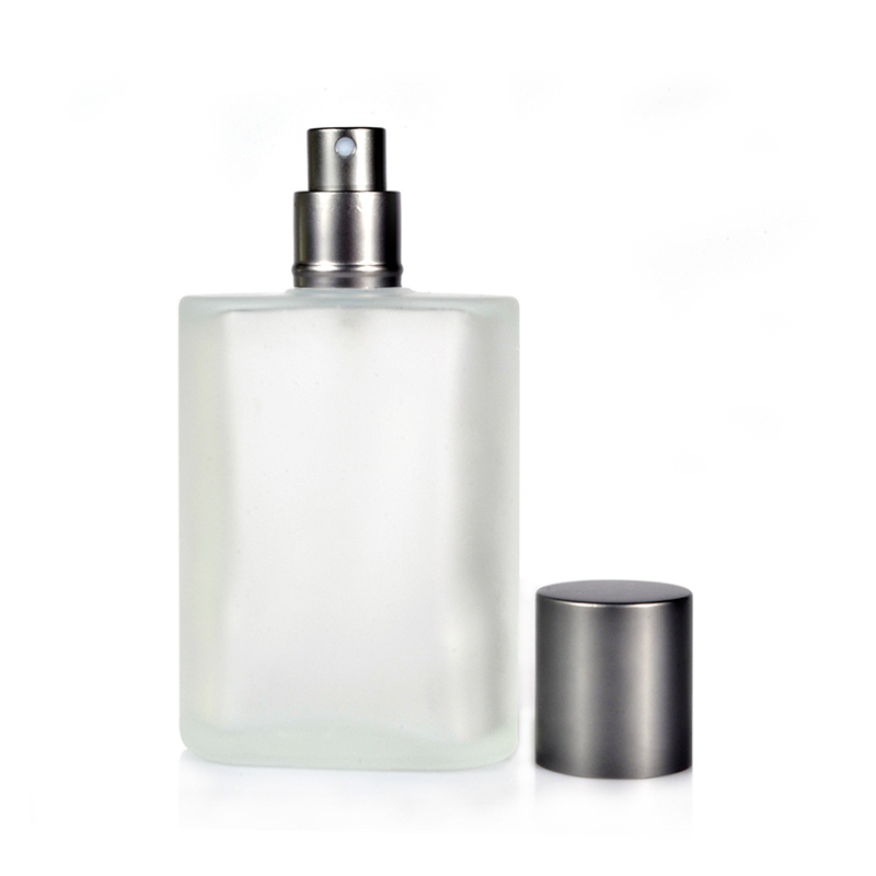 Hot sale 30ml 50ml 100ml square shape frosted glass perfume bottle with silver grey spray pump