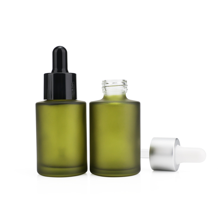Hot sale 30ml 50ml 60ml serum cosmetic skin care packaging green round matte glass dropper bottles
