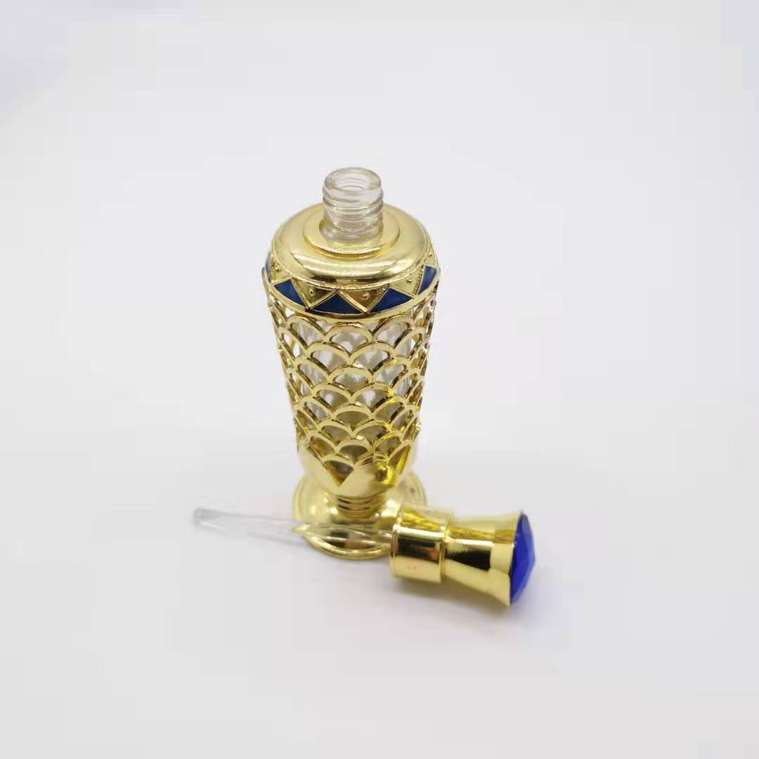 Hot sale 30ml Unique Arabic Style Metal Essential Oil Attar Perfume Glass Bottles with Glass Stick