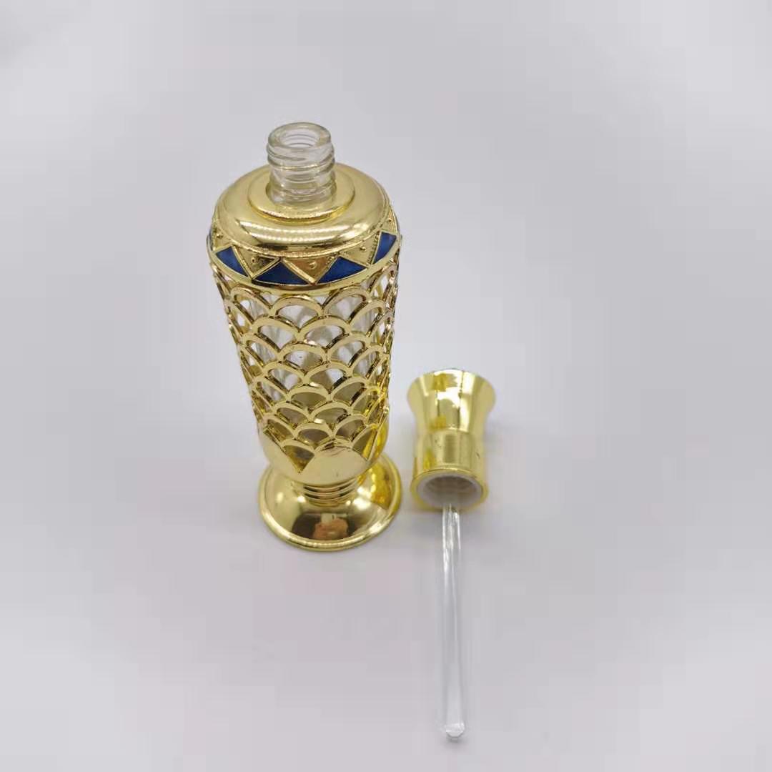 Hot sale 30ml Unique Arabic Style Metal Essential Oil Attar Perfume Glass Bottles with Glass Stick