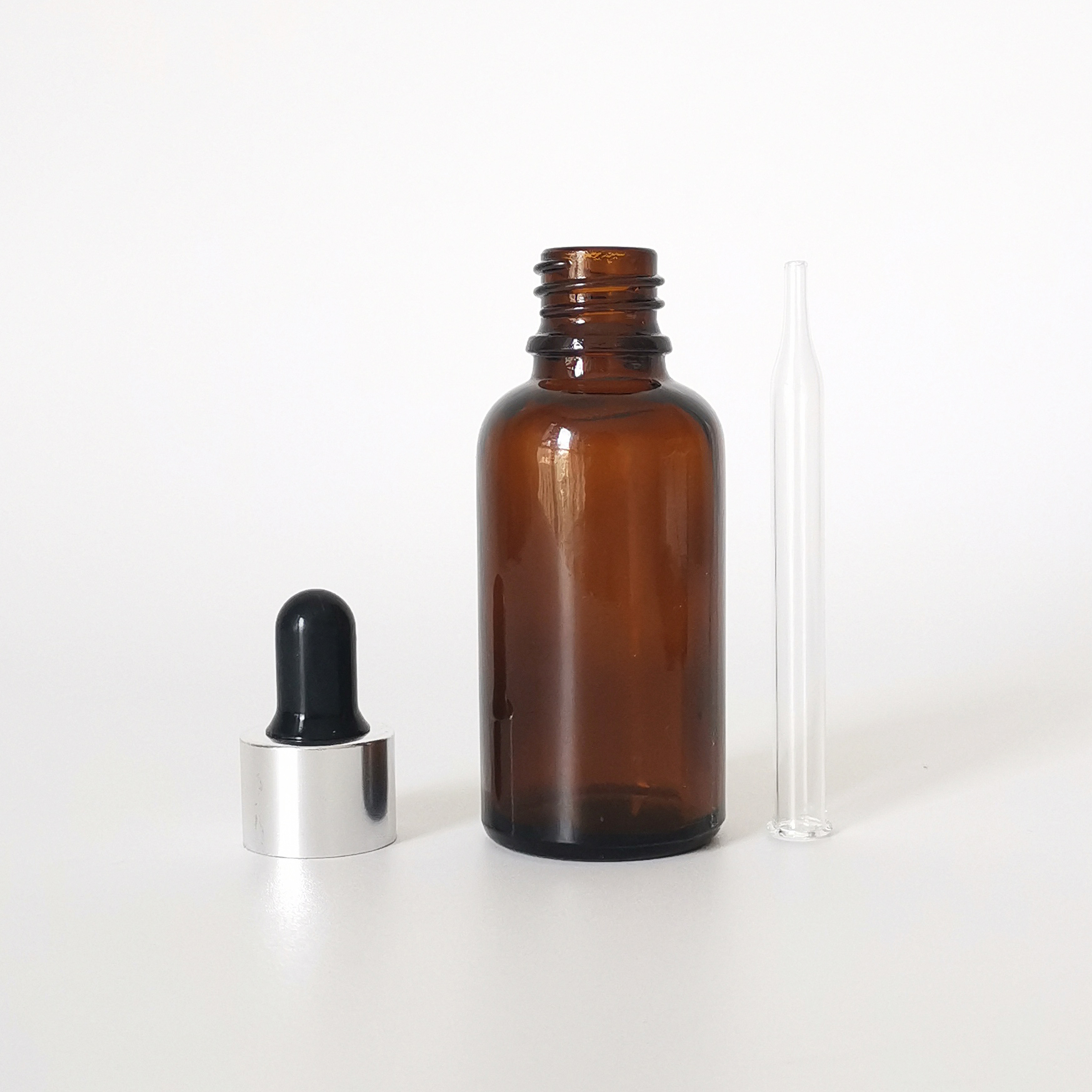 Hot sale 30ml clear amber round press pipette dropper cosmetic glass essential oil dropper bottle with aluminum cap